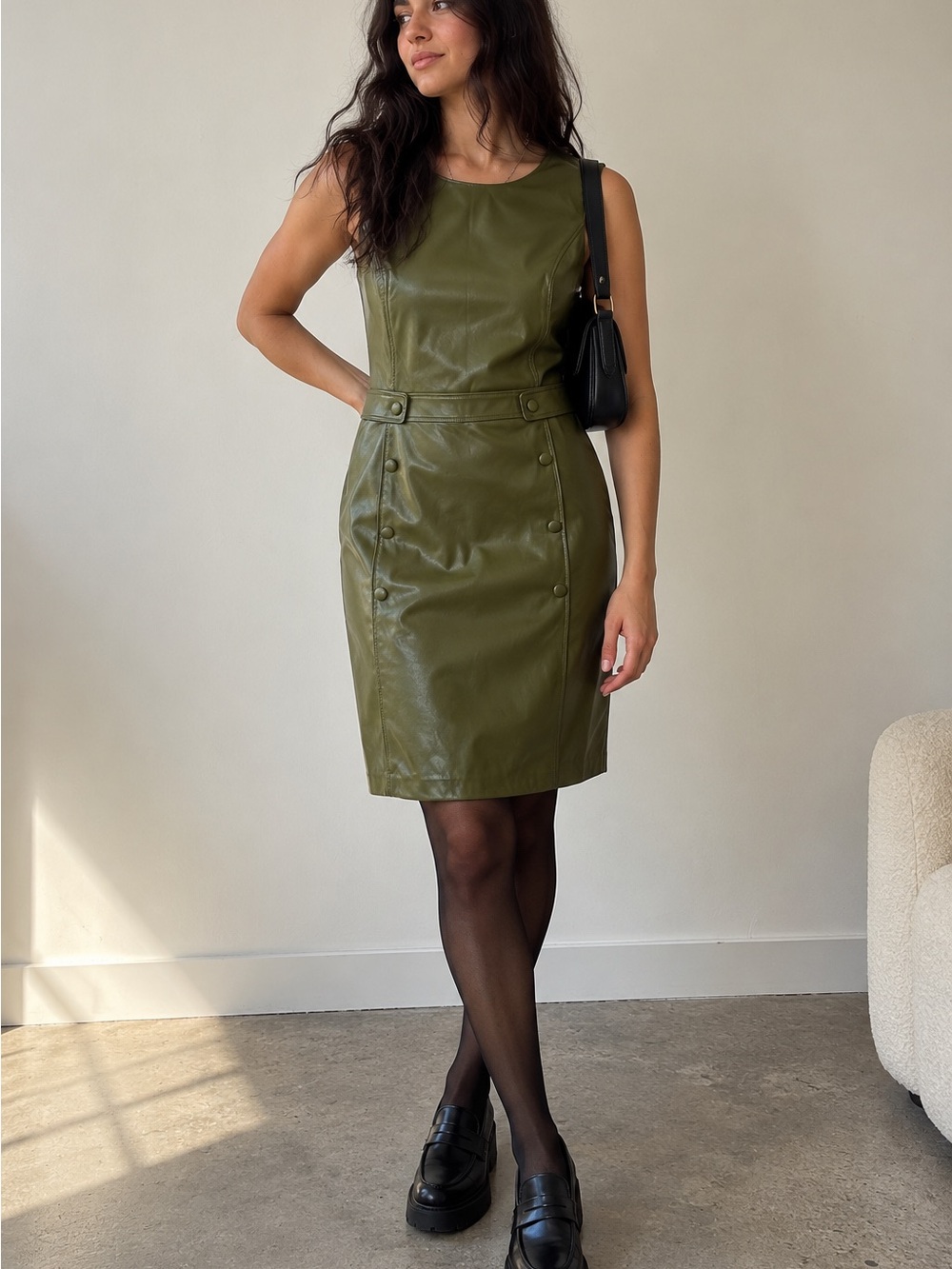 Dkny Olive Green Leather Sheath Dress